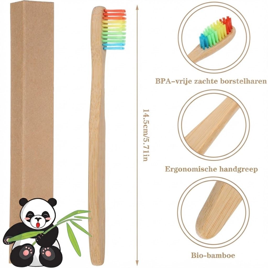 Bamboe tandenborstel met regenboogkleurige borstels, ergonomisch handvat, 14,5 cm lang.