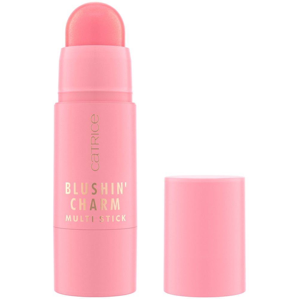 Stick de blush rose avec capuchon retiré. Le stick porte les inscriptions "Catrice", "Blushin' Charm" et "Multi Stick".