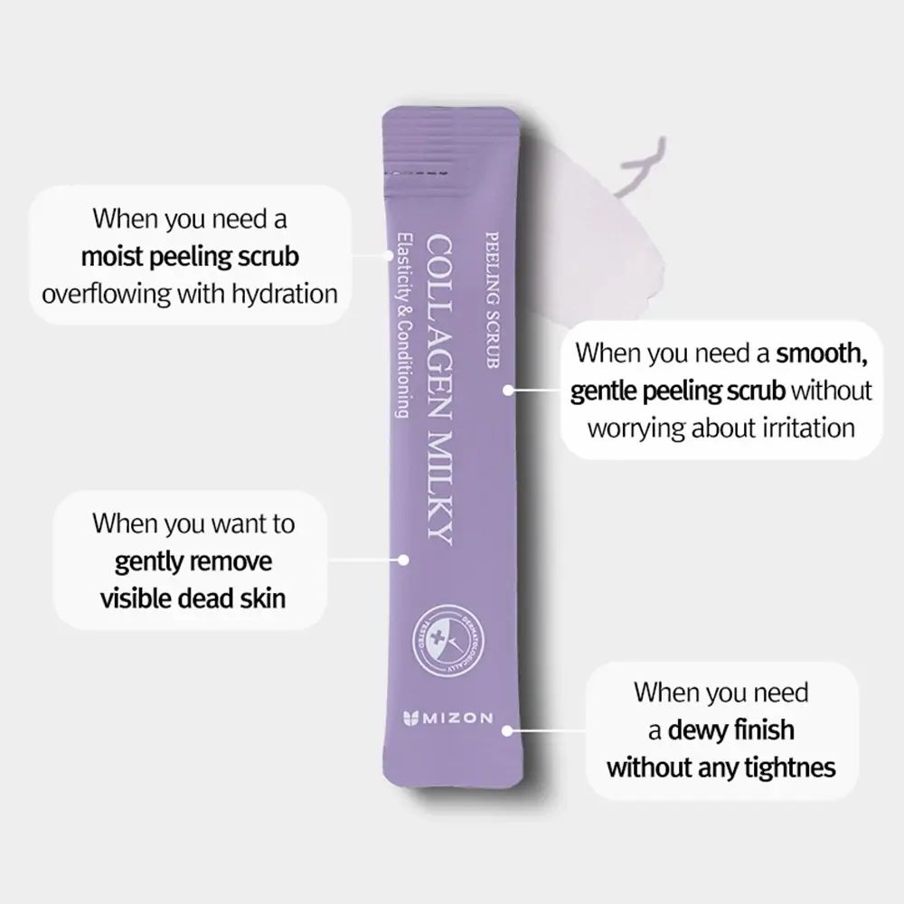 Paars zakje met tekst: COLLAGEN MILKY, PEELING SCRUB, MIZON. Tekstballonnen beschrijven eigenschappen.