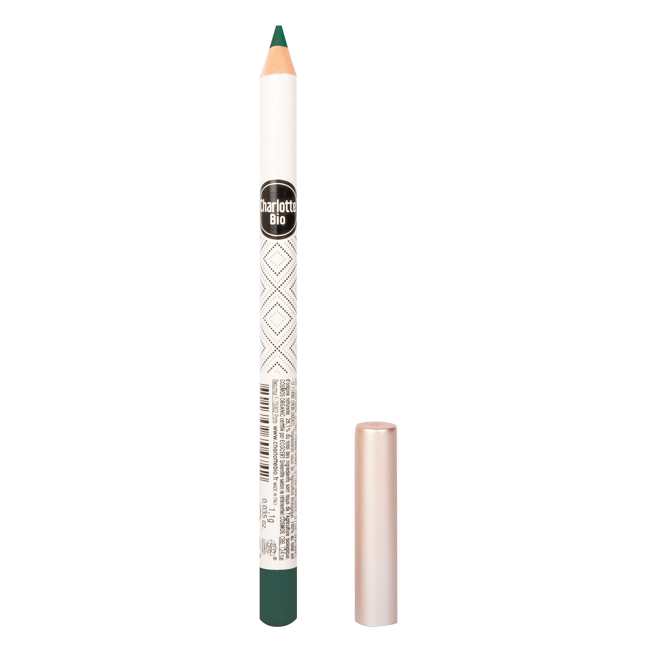 Crayon pour les yeux vert avec capuchon rose. Le crayon porte l'inscription "Charlotte Bio".