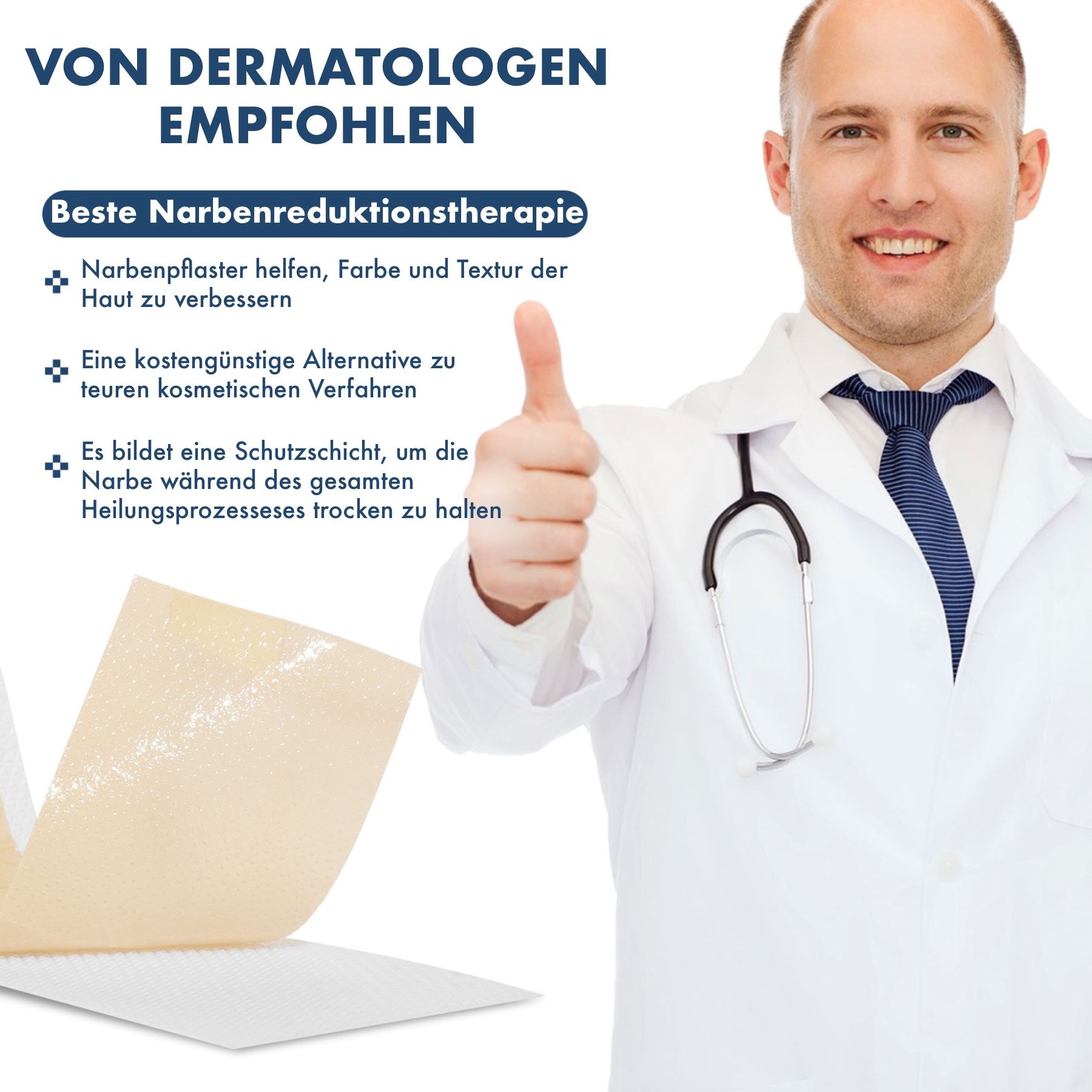 Arts met duim omhoog. Tekst: Aanbevolen door dermatologen. Littekenreductietherapie. Pleisters helpen kleur en textuur te verbeteren.