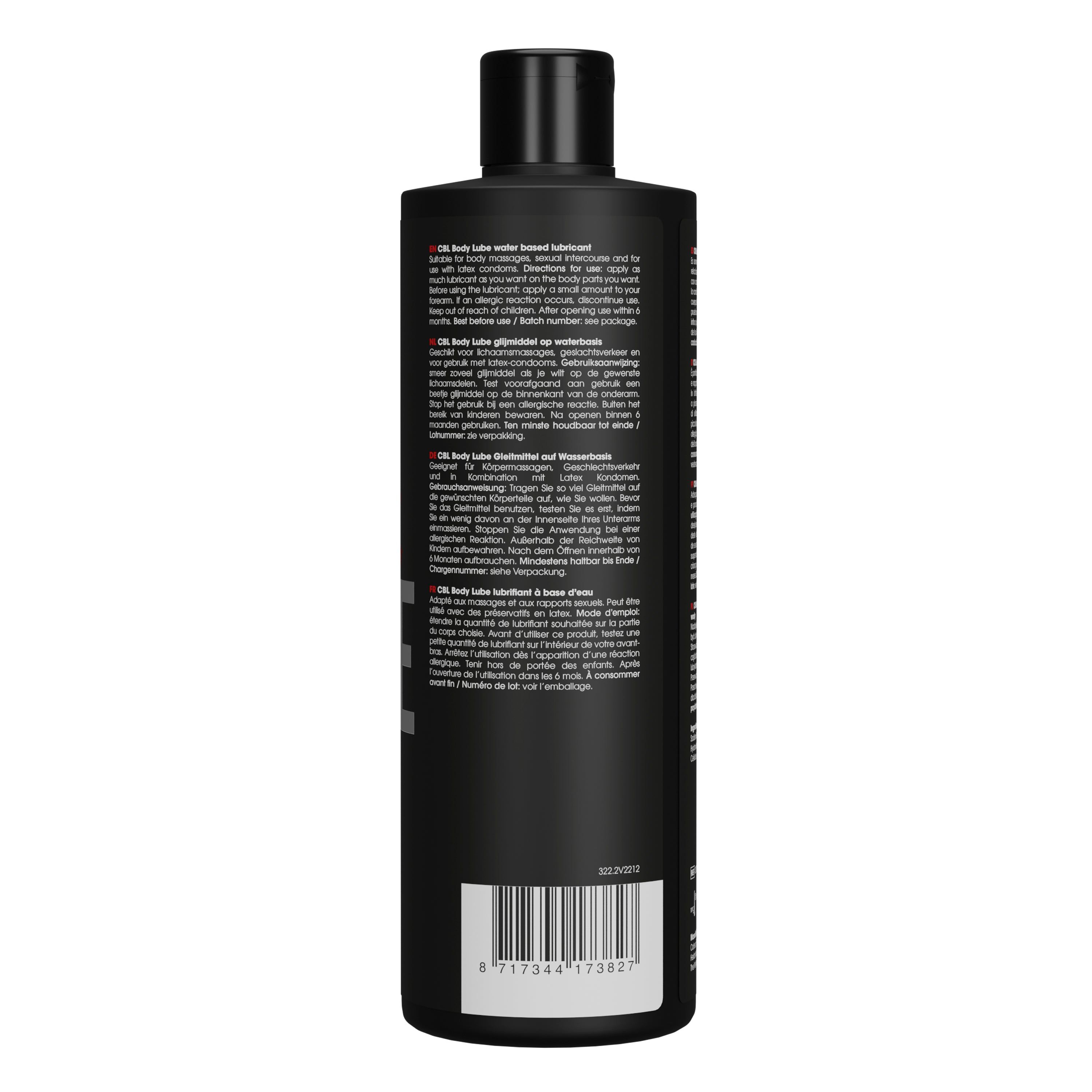 Arrière d'une bouteille noire de Cobeco Body Lube, avec informations produit et code-barres.