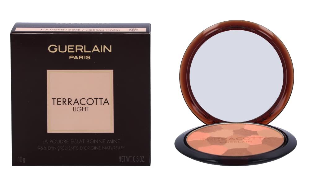 Poudre compacte et emballage. Poudre ouverte. Texte: Guerlain Paris, Terracotta Light. 10g, 0.3 oz.