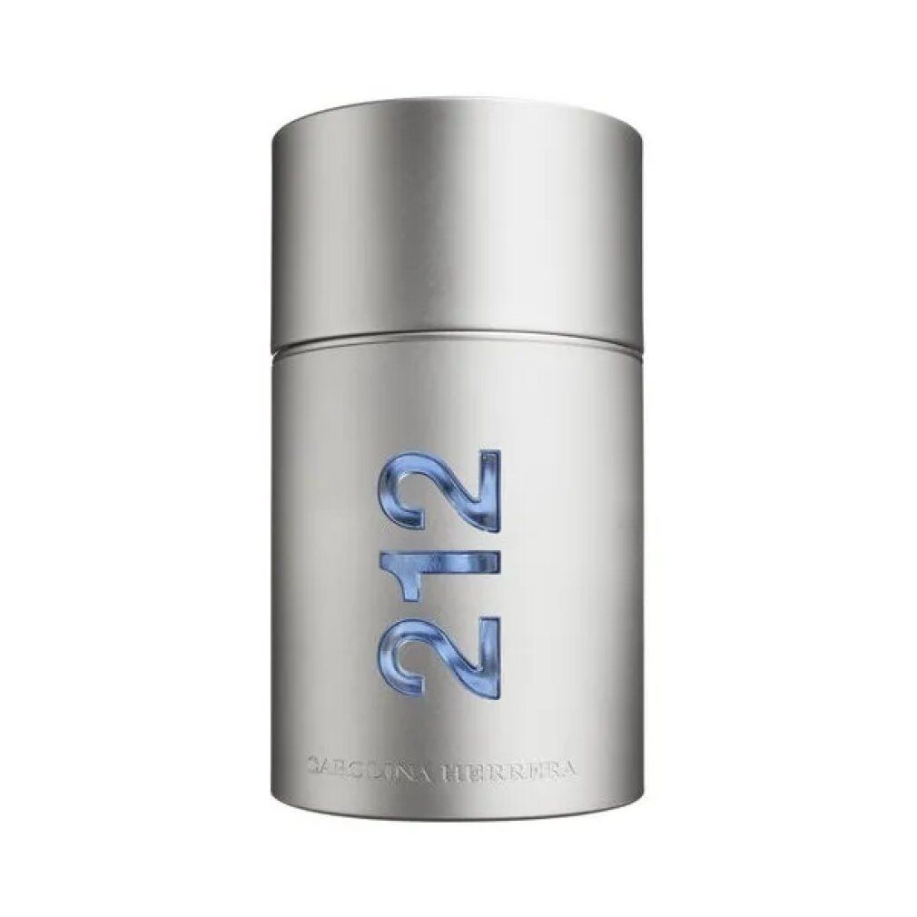 Carolina Herrera 212 Men Eau de Toilette. Flacon argenté avec inscription bleue 212. Forme cylindrique avec couvercle.