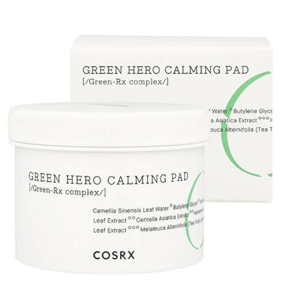 COSRX Green Hero Calming Pad : pot et boîte ouverte avec informations produit et accents verts.