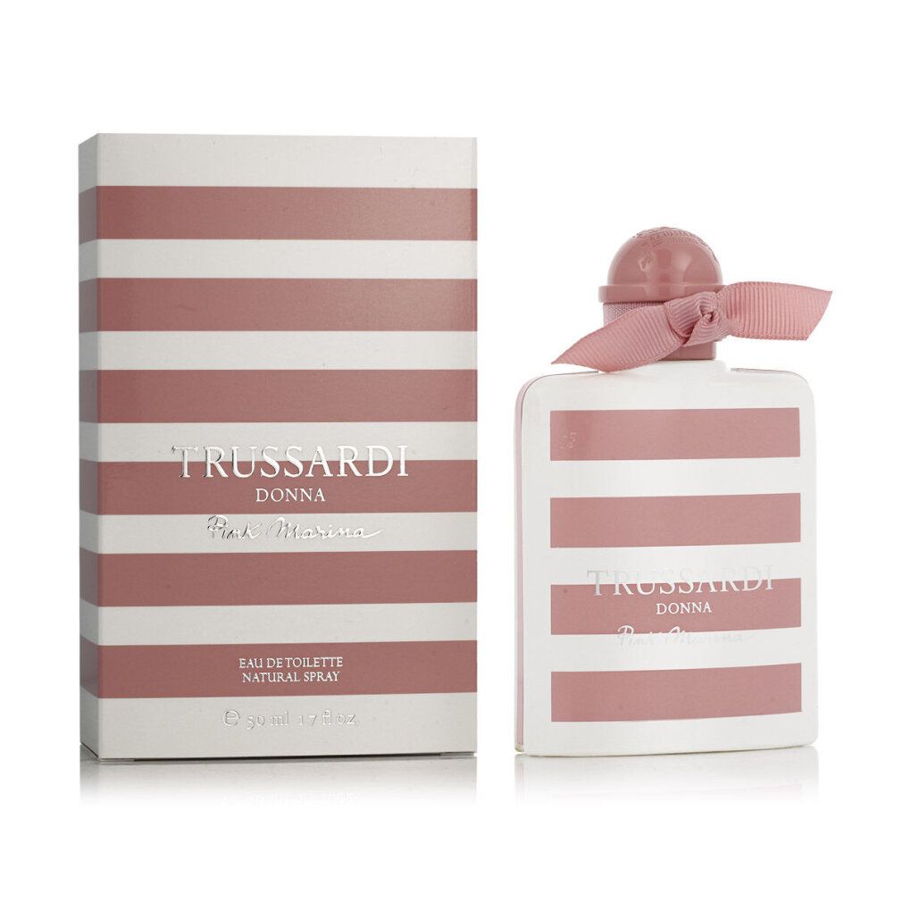 Flacon et boîte rayés roses. Inscription: Trussardi Donna Pink Marina.