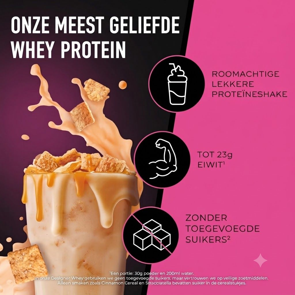 Romige proteïneshake met siroop en stukjes ontbijtgranen. Iconen: shake, biceps, suikerklontjes met verbodssymbool.