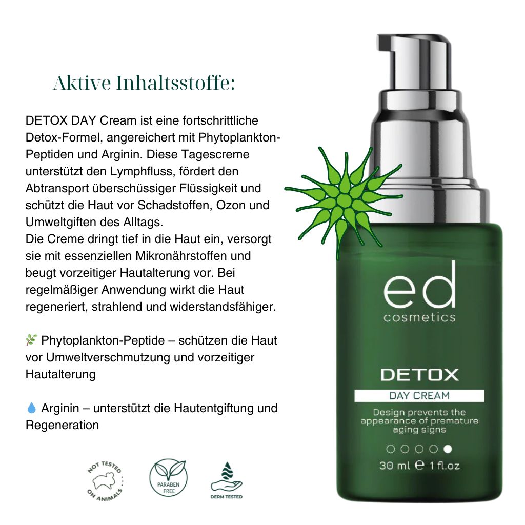 Groene fles met zilveren pomp. Tekst: ED cosmetics, Detox Day Cream. Extra informatie.