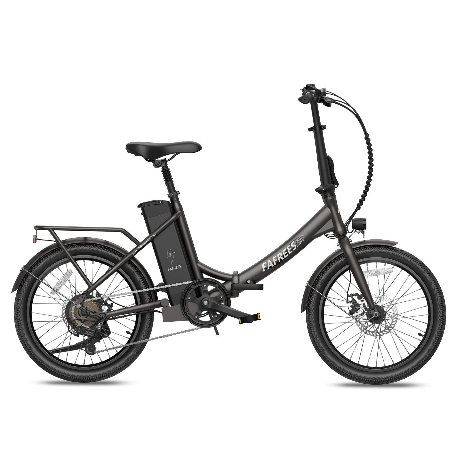 Vélo électrique Fafrees F20, anthracite. Vue latérale. Avec porte-bagages, garde-boue et batterie. Marque et nom du modèle.