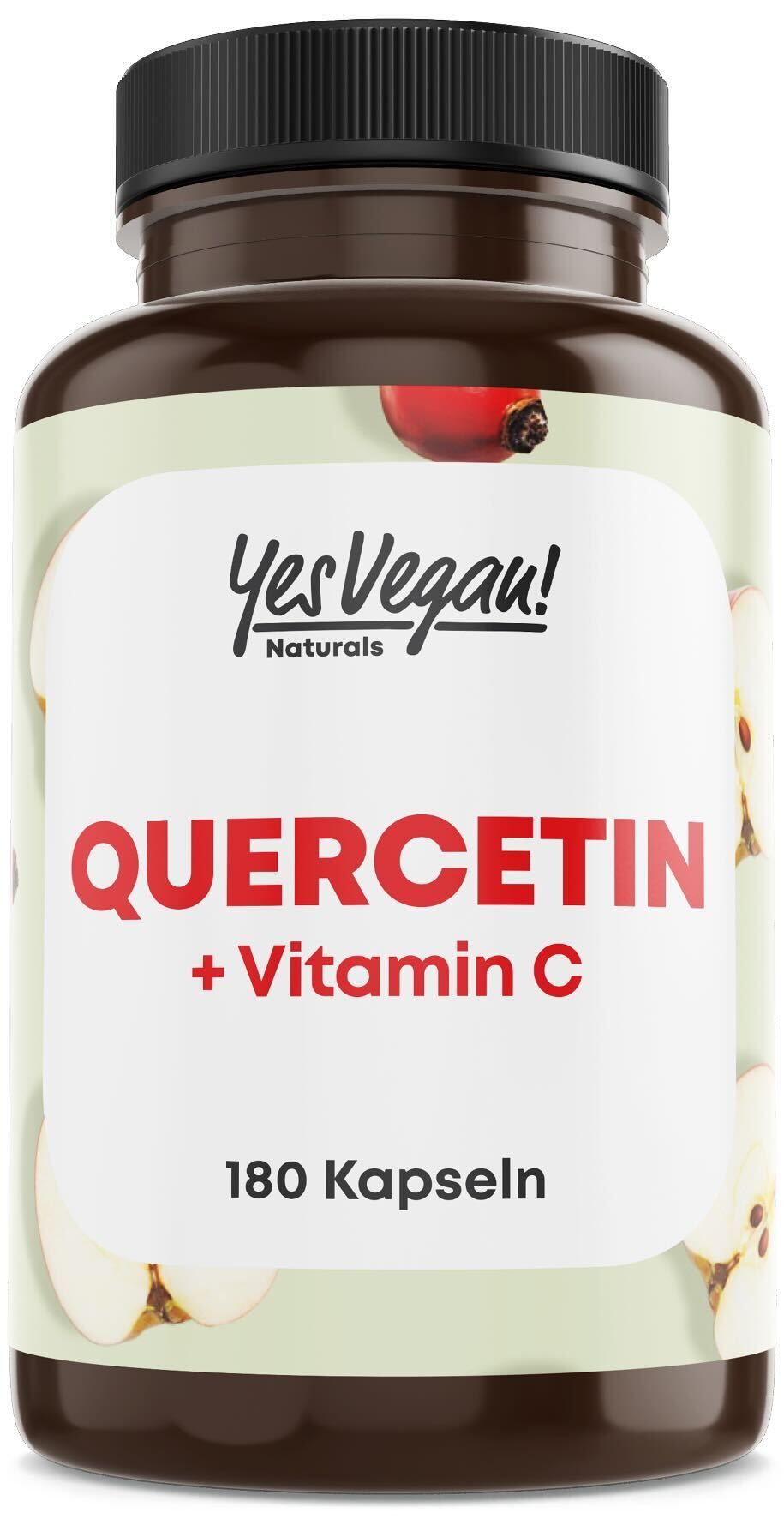 Fles met 180 capsules Quercetine + Vitamine C van Yes Vegan Naturals.