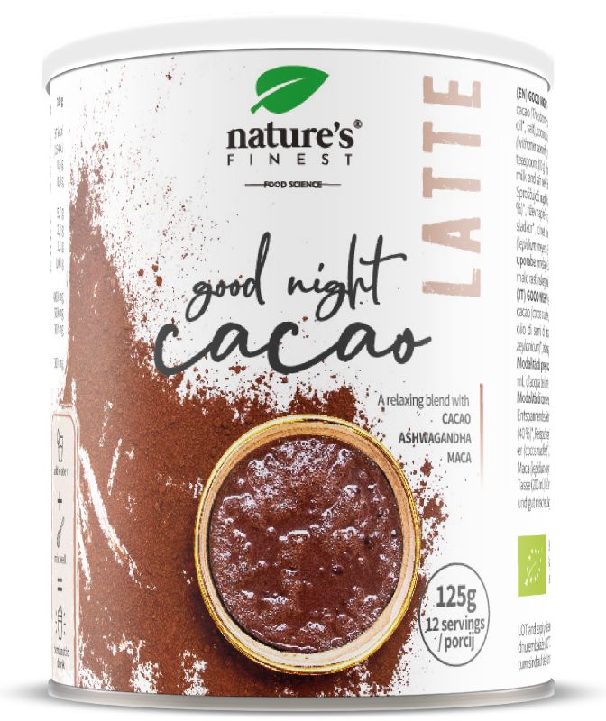 Witte cilindrische pot met bruine spetters. Opschrift: Nature's Finest, Good Night Cacao, Latte. Met cacao, ashwagandha, maca.