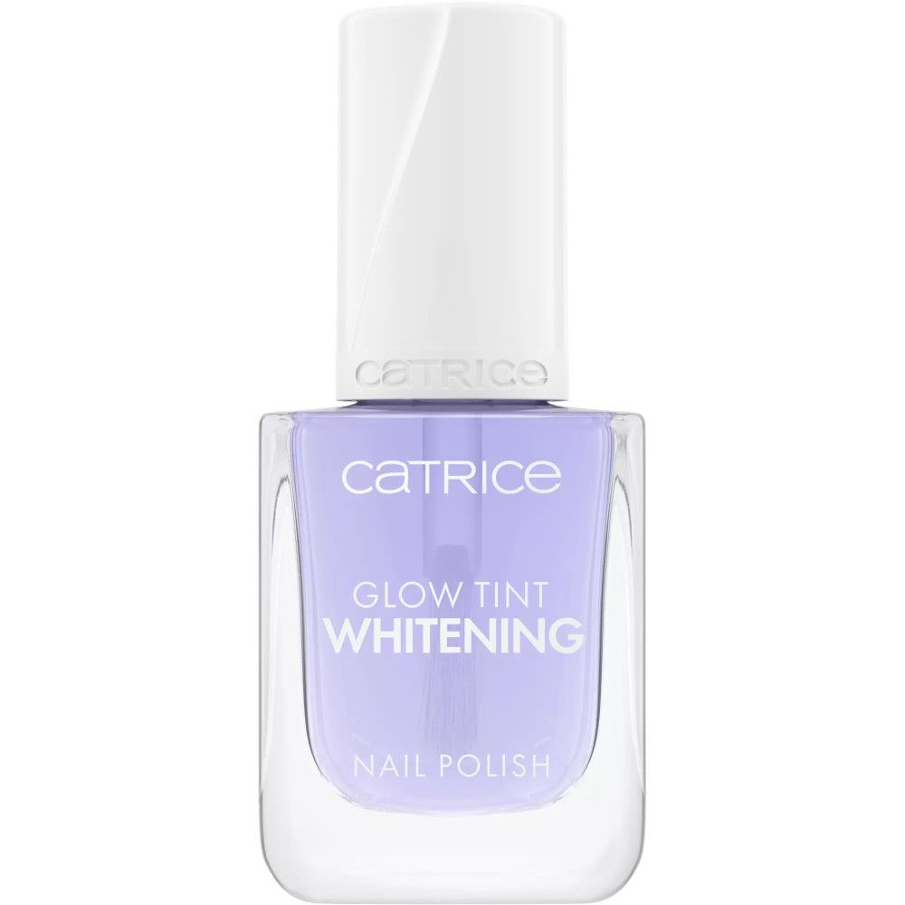 Nagellakfles met gesloten dop. Lila tint, opschrift 'Glow Tint Whitening'.