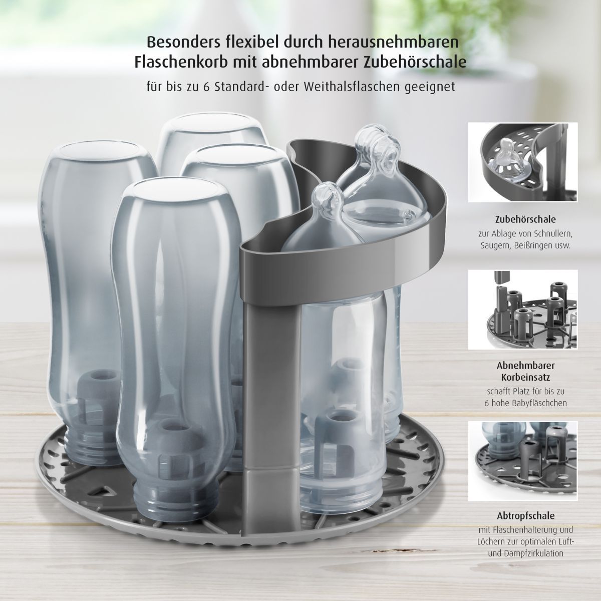 Flessenhouder met flessen en accessoires. Extra productinformatie en componenten.
