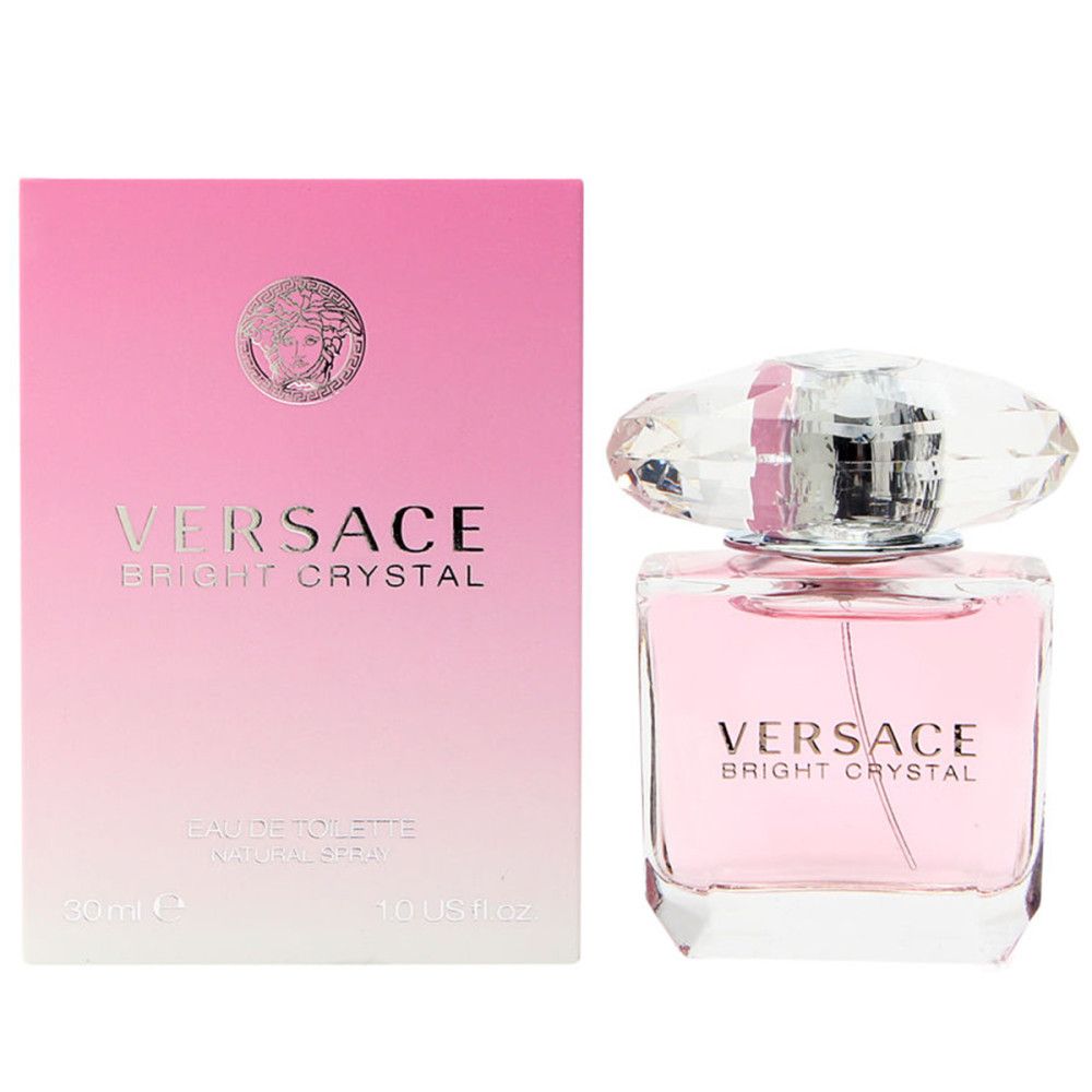 Flacon rose avec bouchon cristal et emballage. Inscription: Versace Bright Crystal. 30 ml.