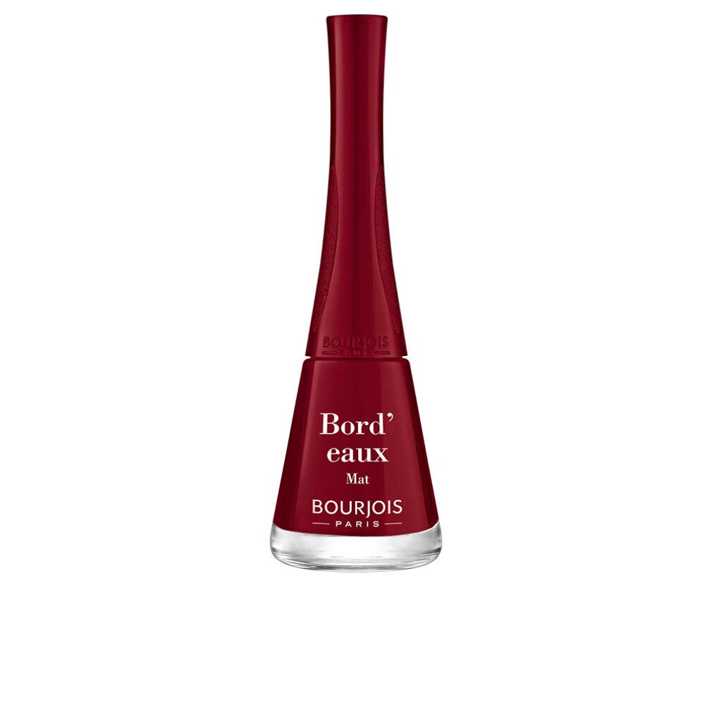 Flacon de vernis à ongles bordeaux, bouchon noir. Inscription: Bord'eaux Mat, Bourjois Paris.
