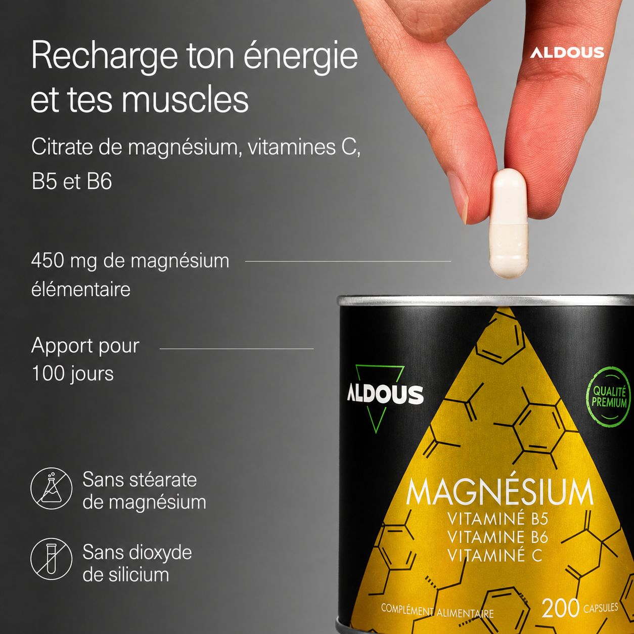 Une capsule de magnésium tenue au-dessus d'un contenant marqué "Aldous Magnesium". Contient 200 capsules.