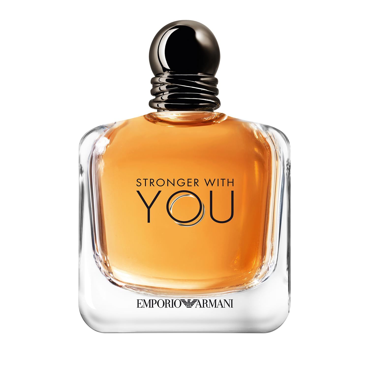 Vierkante glazen fles met amberkleurige vloeistof. Zwarte dop. Opschrift: STRONGER WITH YOU en EMPORIO ARMANI.