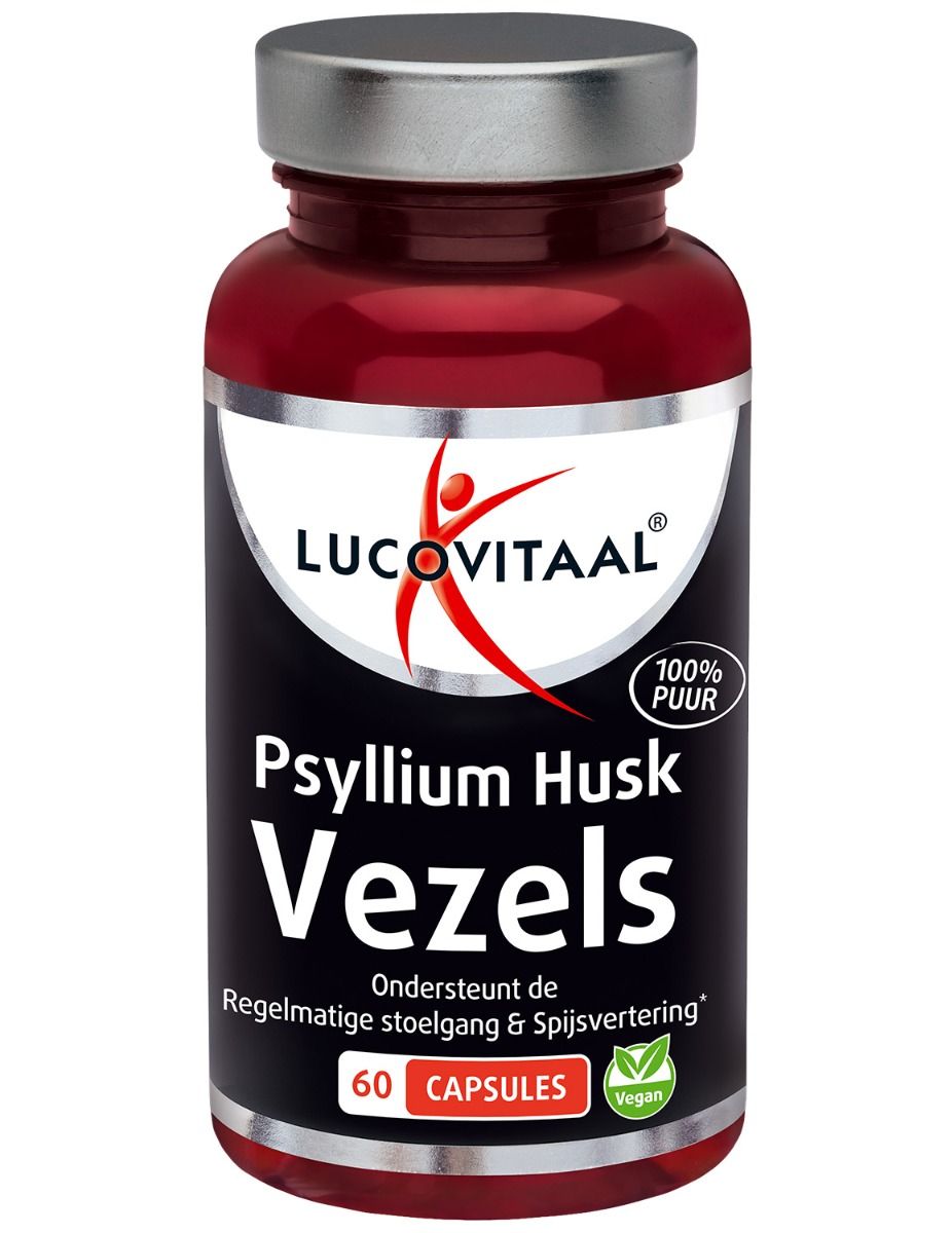 Rode capsulefles met zilveren dop. Opschrift: Lucovitaal, Psyllium Husk Vezels. 60 capsules. Vegan.