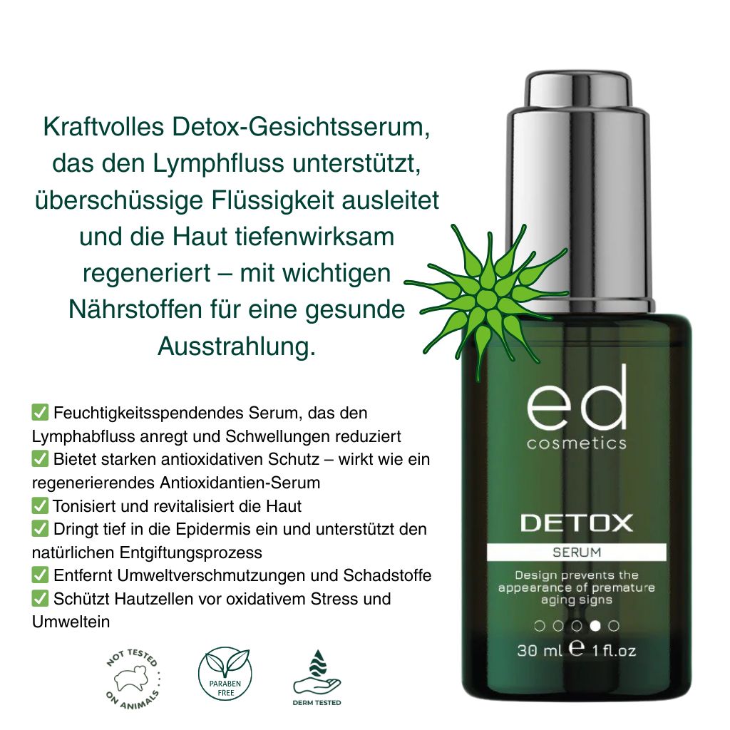 Flacon en verre vert avec bouchon argenté. Inscription: ed cosmetics, Detox Serum. Texte et illustration verte.
