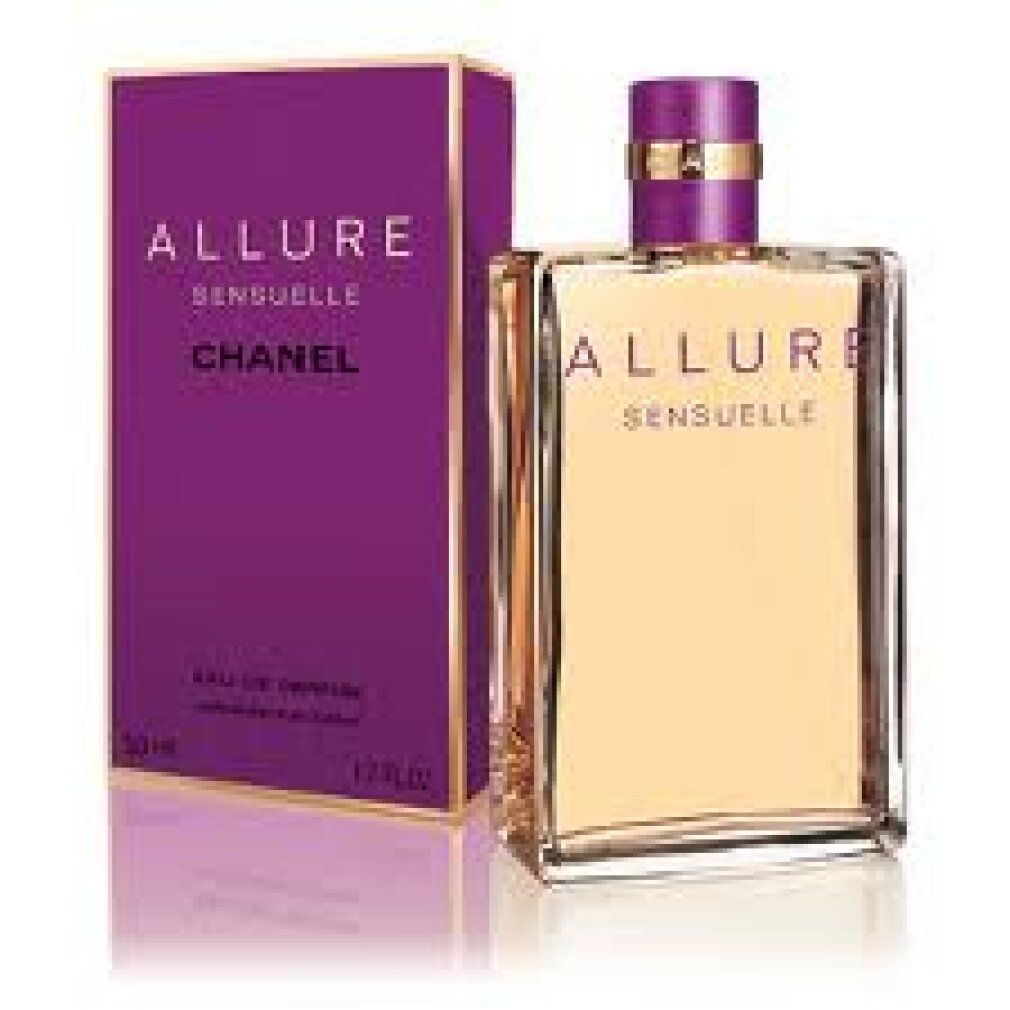 Parfumfles en verpakking. Fles met gouden dop, verpakking met opschrift Allure Sensuelle.
