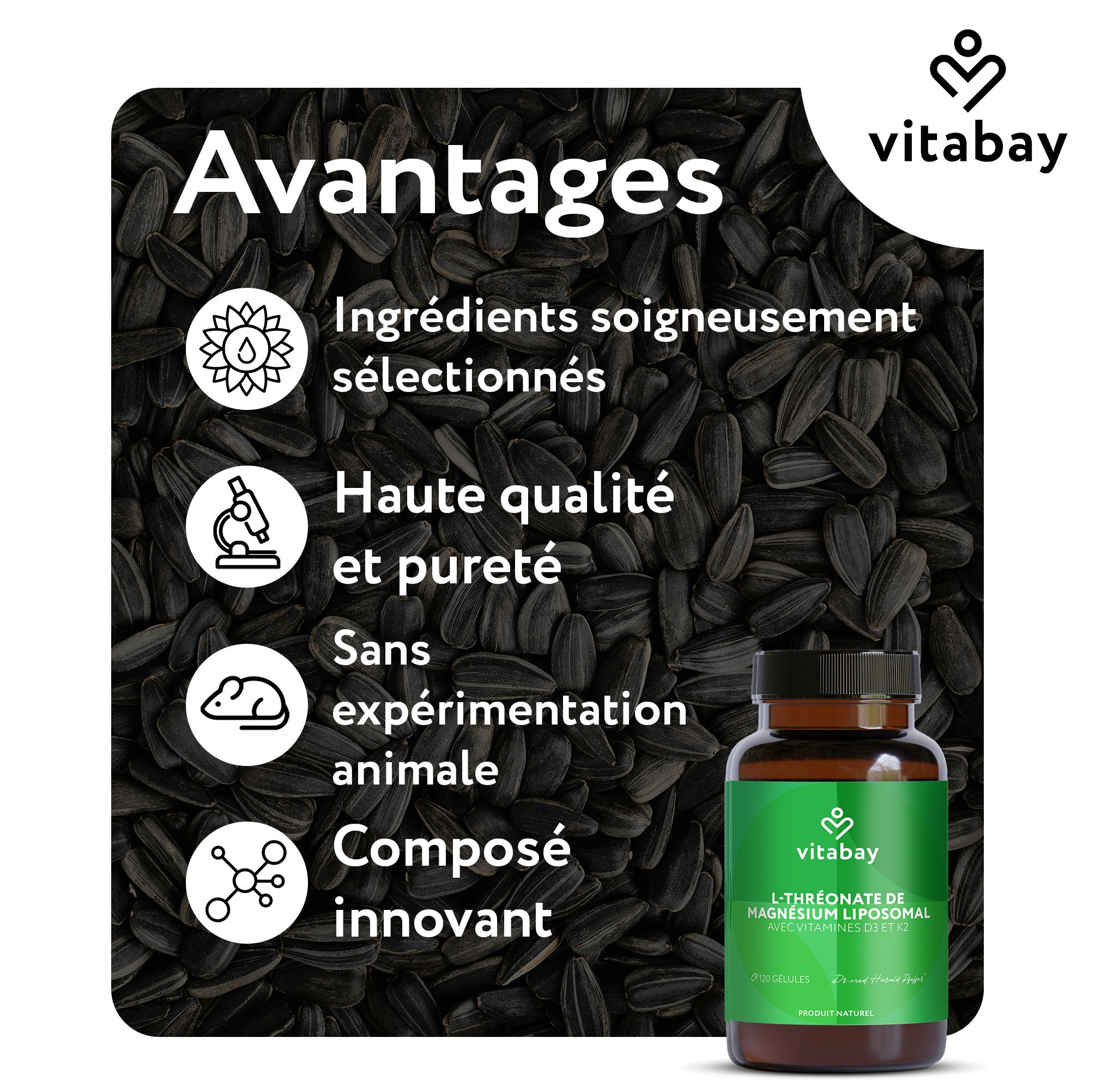 Vitabay Magnésium L-Thréonate Liposomal. 120 Gélules. Avec Vitamines D3 et K2. Testé en laboratoire en Allemagne.