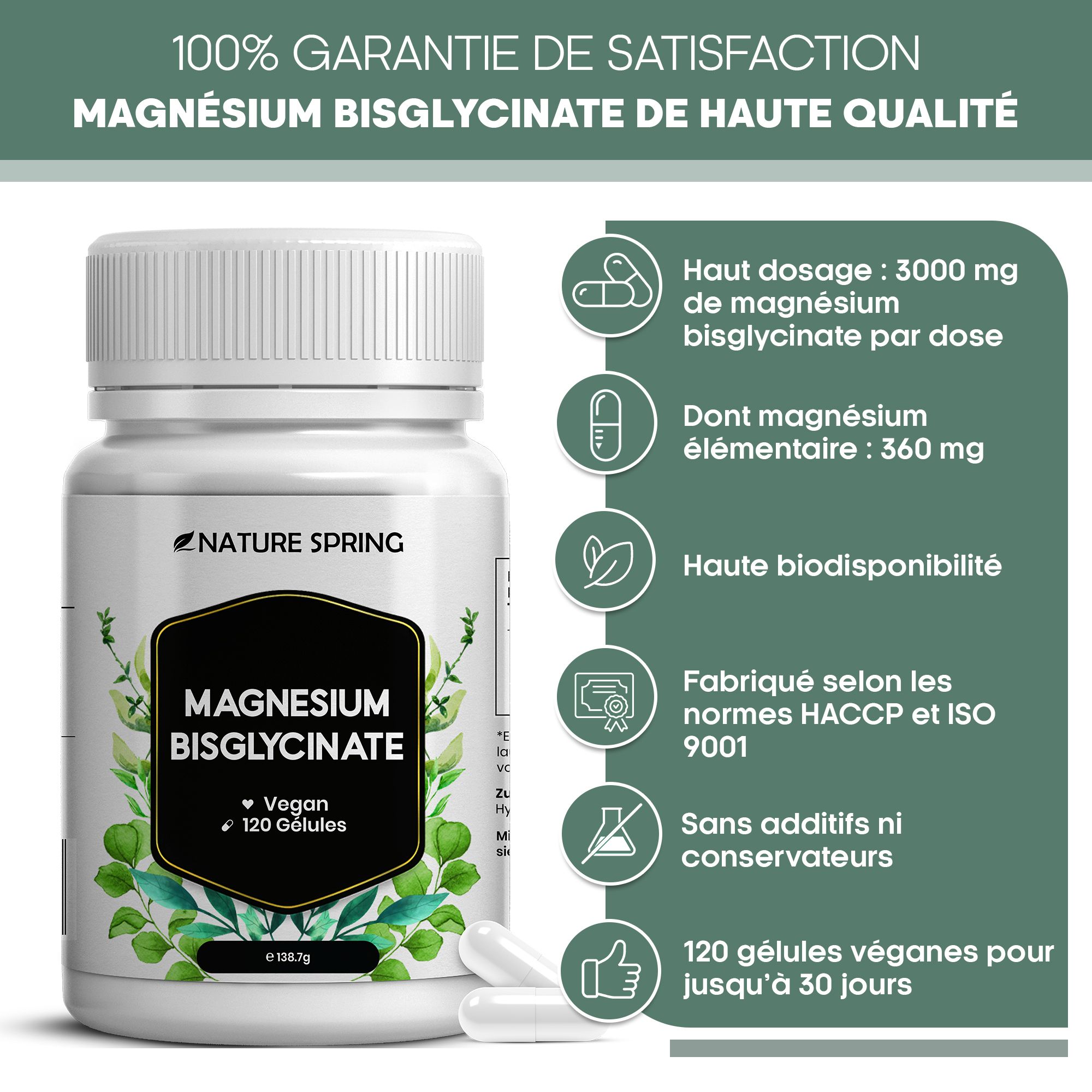 Pot Magnésium Bisglycinate avec infos : 3000mg, haute biodisponibilité, 120 gélules.