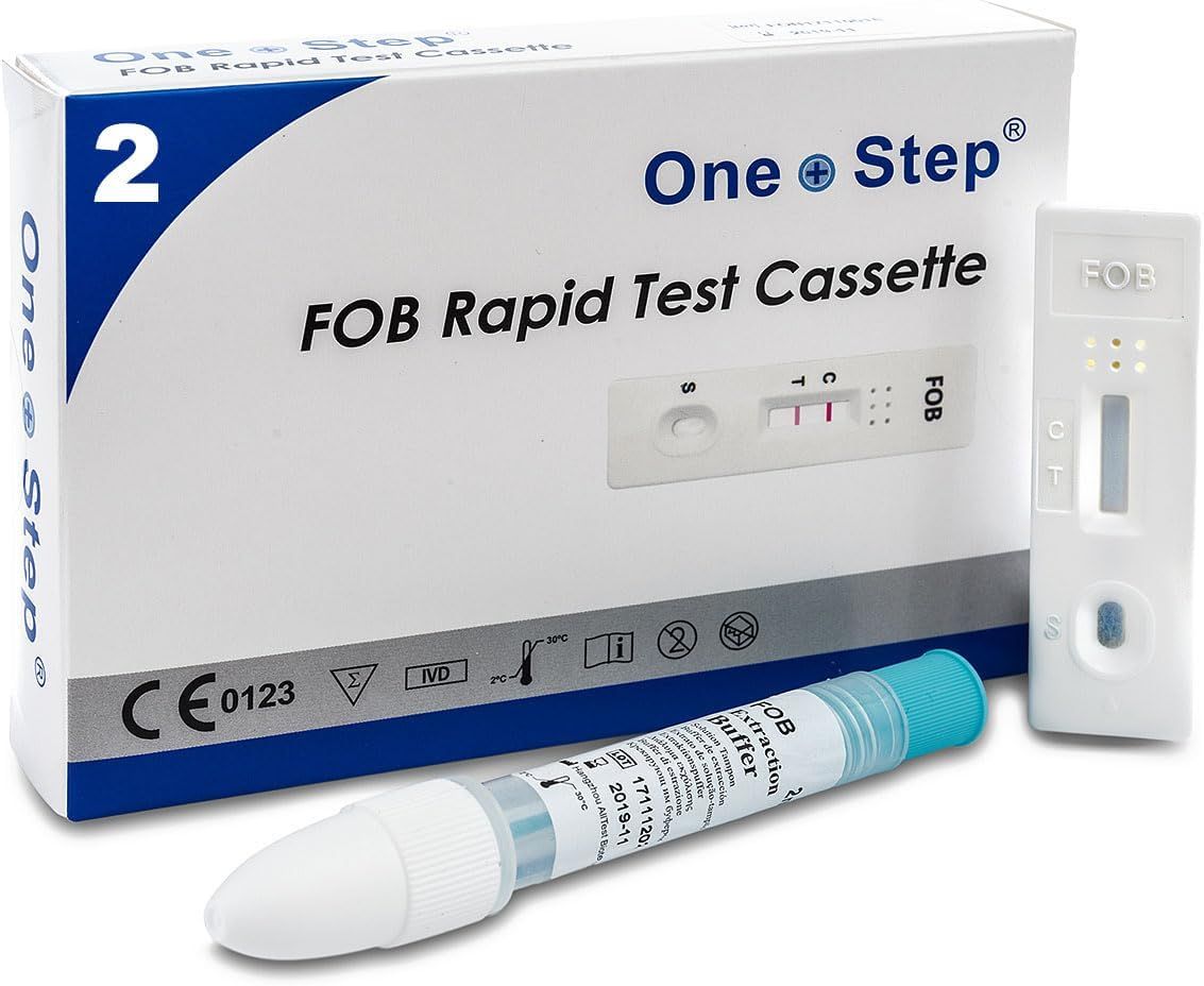 Testkit met testcassette, extractiebuis en teststrip. Verpakking met productnaam en CE-markering.