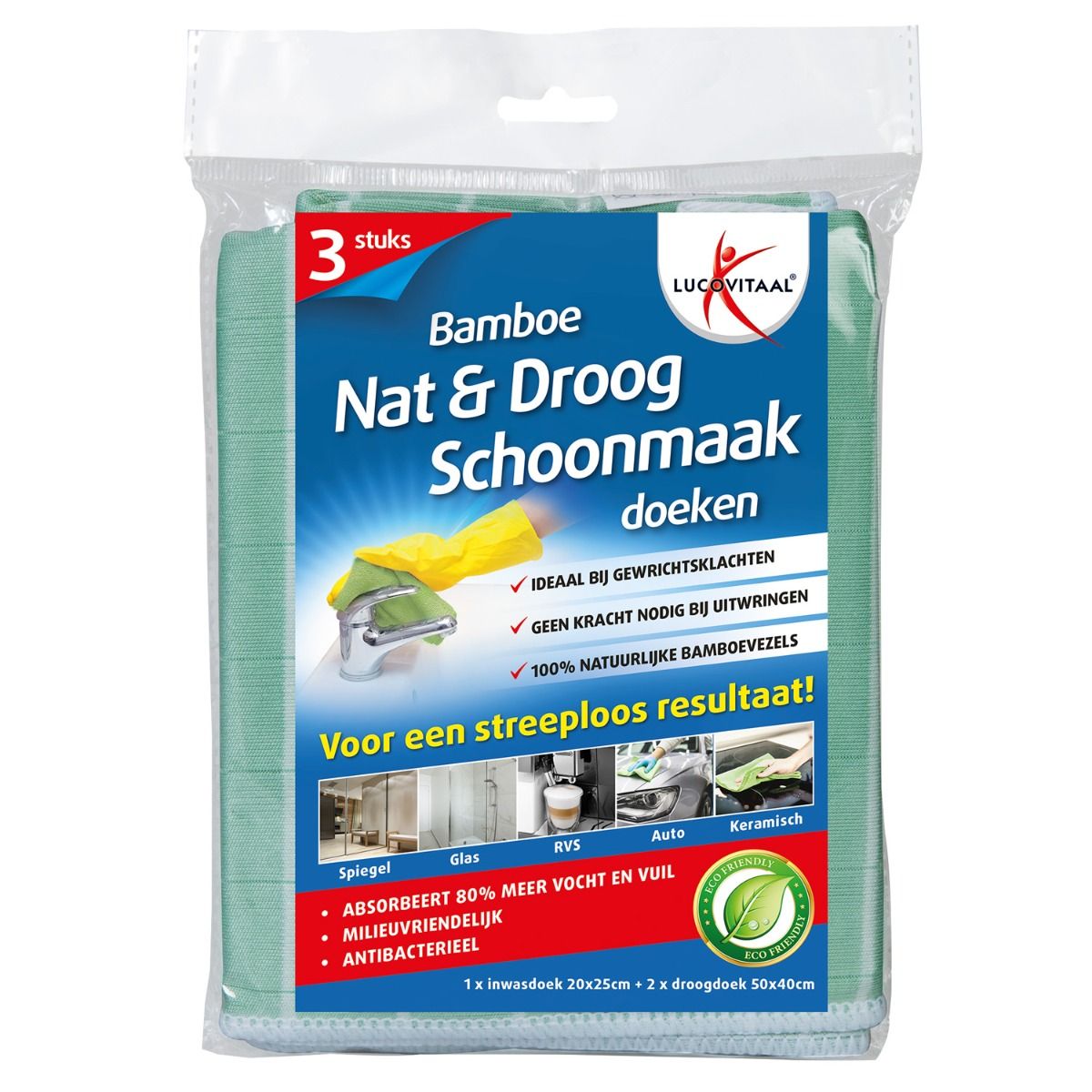 Verpakking met 3 bamboe schoonmaakdoeken. Tekst: 'Bamboe Nat & Droog Schoonmaakdoeken' en 'Lucovitaal'. Groene doeken in plastic verpakking.