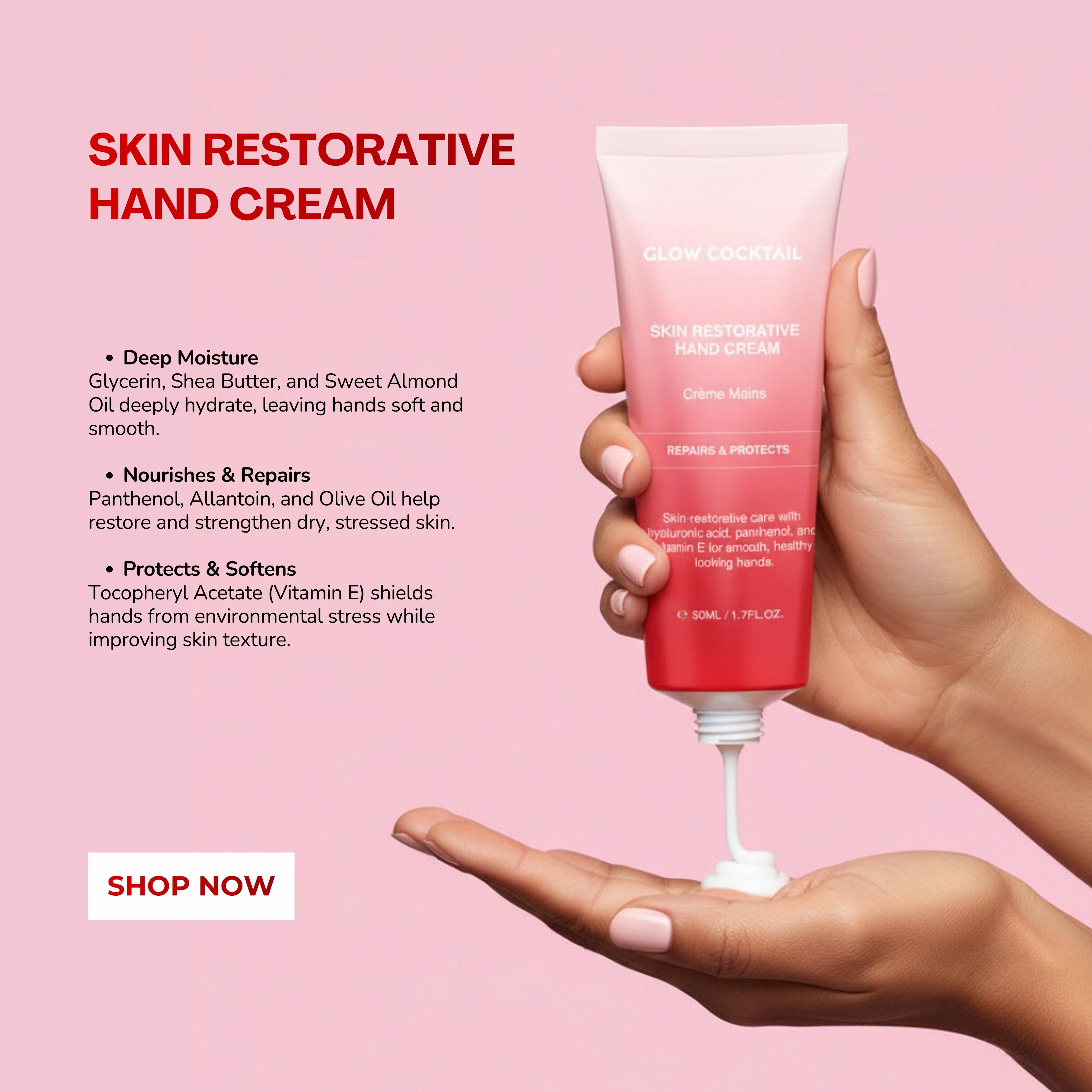 Handcrèmetube in handen. Crème wordt op de handpalm gedrukt. Tekst: Glow Cocktail, Skin Restorative Hand Cream, Crème Mains.