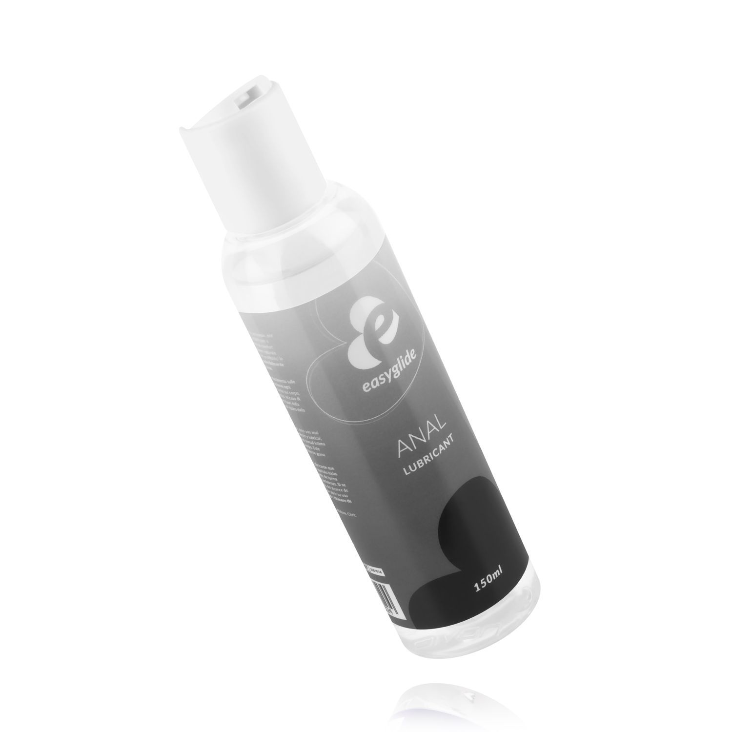Flacon transparent incliné avec bouchon blanc. Étiquette : Easyglide, Anal Lubricant, 150ml.