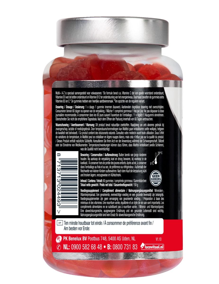 Achterkant van een fles met rode gummies. Bevat informatie over ingrediënten, voedingswaarde en allergenen. Tekst in meerdere talen.