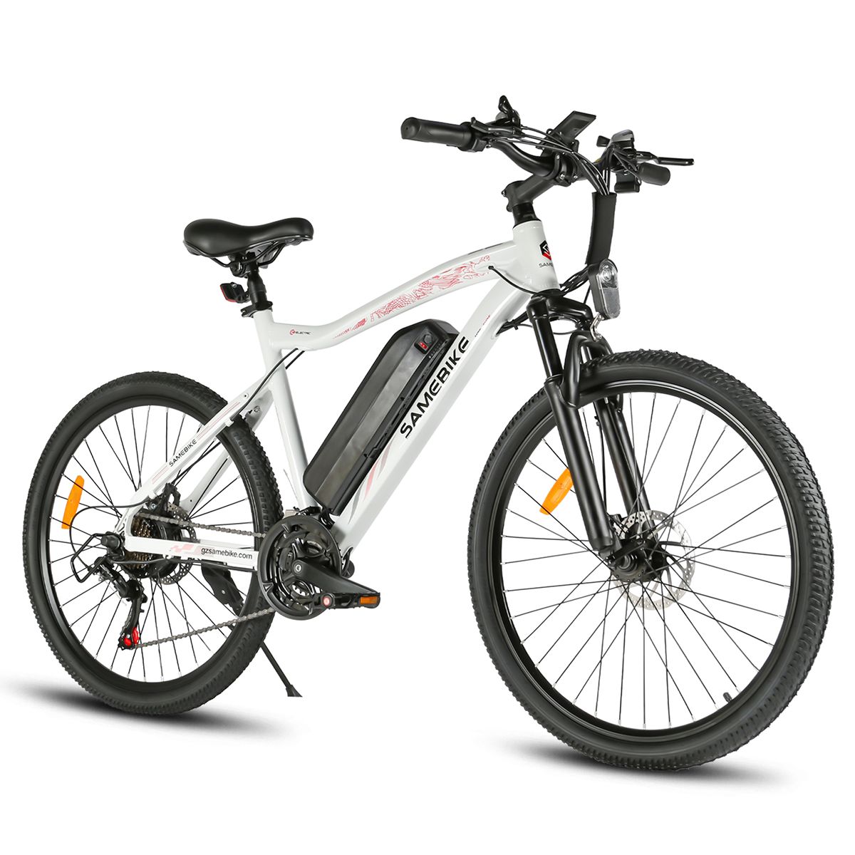 Vélo électrique SAMEBIKE SY26-II blanc. Pneus, selle et détails noirs. Shimano 21 vitesses. Batterie sur cadre.