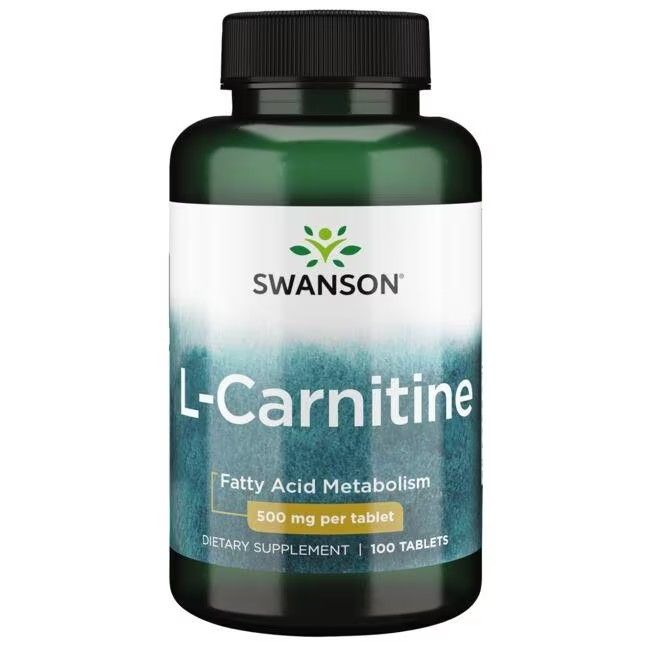 Groene fles met wit etiket. Opschrift: SWANSON L-Carnitine 500 mg. 100 tabletten. Vetzuurmetabolisme.