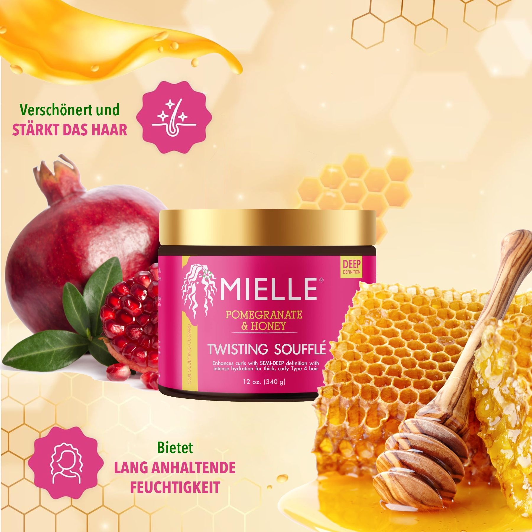 Pot rose avec couvercle doré. Inscription : Mielle Pomegranate & Honey Twisting Soufflé. Grenade, nid d'abeille et cuillère à miel.