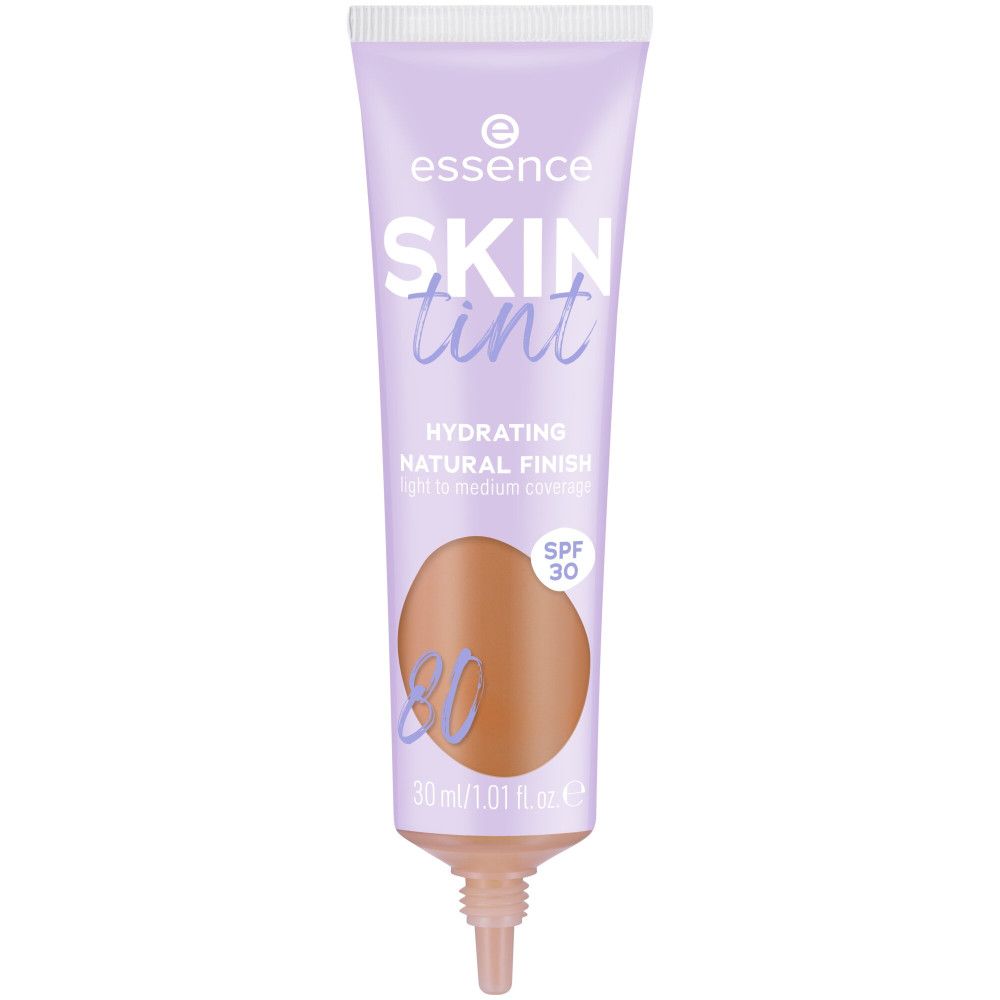 Tube de fond de teint Essence Skin Tint, teinte 20. Hydratant, fini naturel, SPF 30. Texture brun clair.