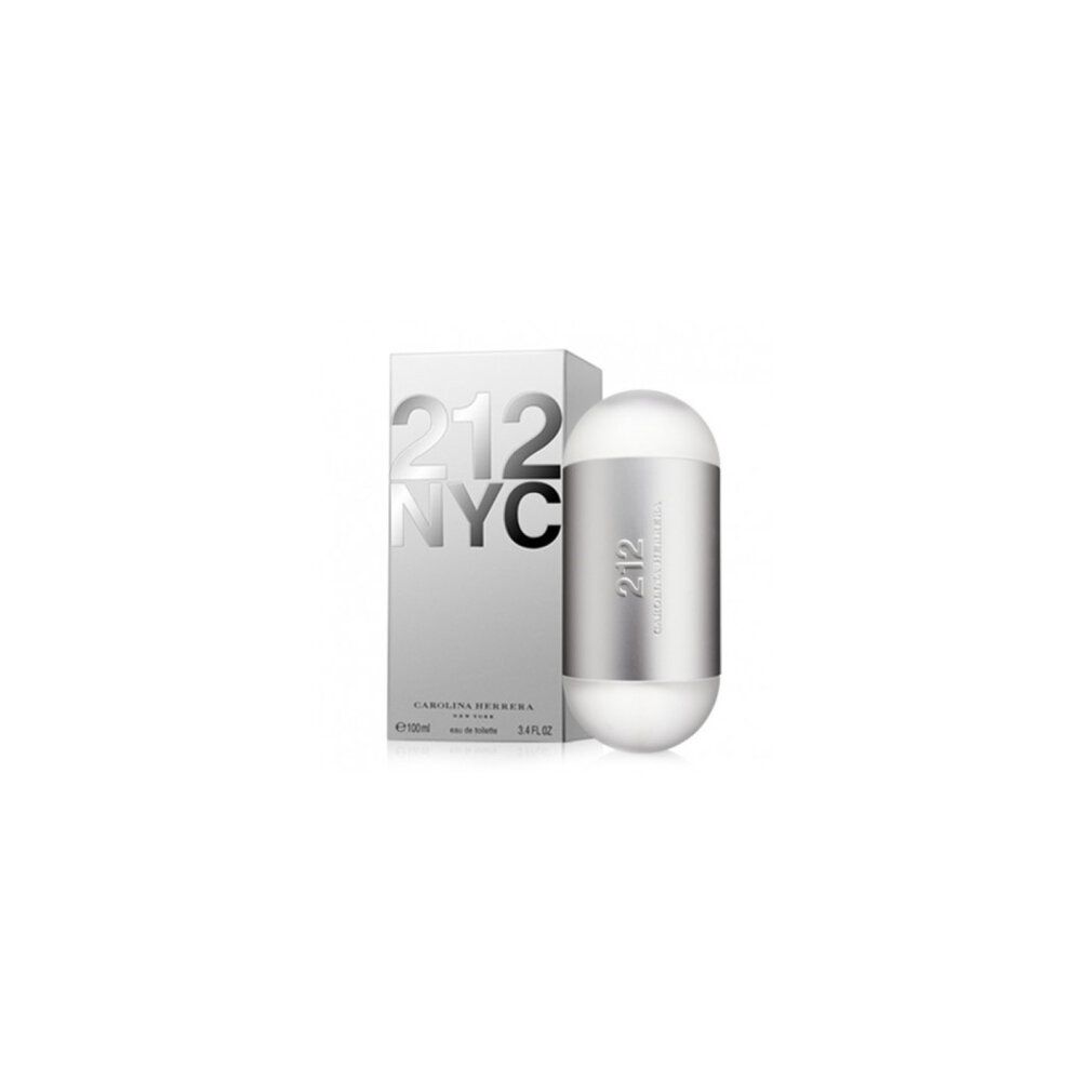 Parfumfles en verpakking. Fles cilindrisch, zilverkleurig. Verpakking wit met '212 NYC'.