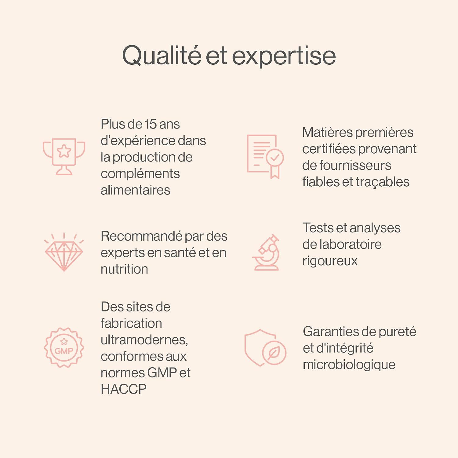Infographie Qualité et Expertise : plus de 15 ans d'expérience, matières premières certifiées, recommandé par des experts, tests de laboratoire, sites GMP/HACCP, garanties de pureté.