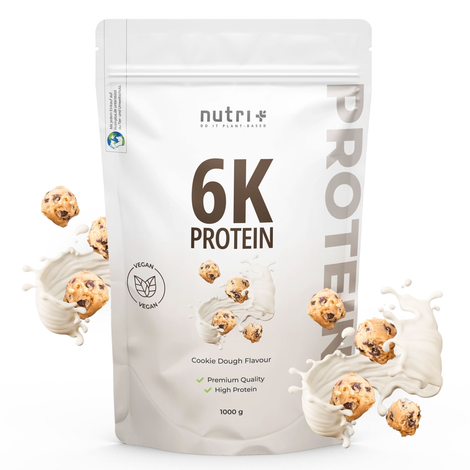 Sachet blanc nutri+ 6K PROTEIN, goût Cookie Dough. Logo Vegan. 1000 g. Biscuits et éclaboussures de lait.