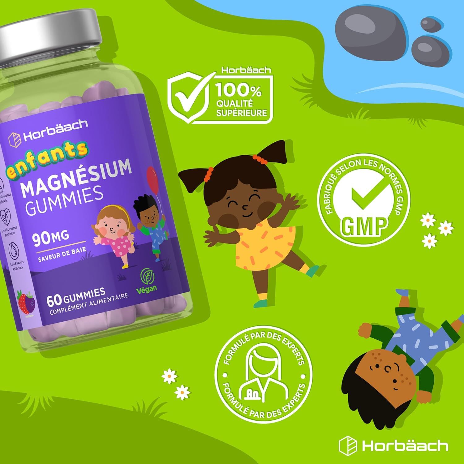 Bouteille de 60 gommes Horbaach Kinder Magnesium, 90mg, avec Vitamine C.