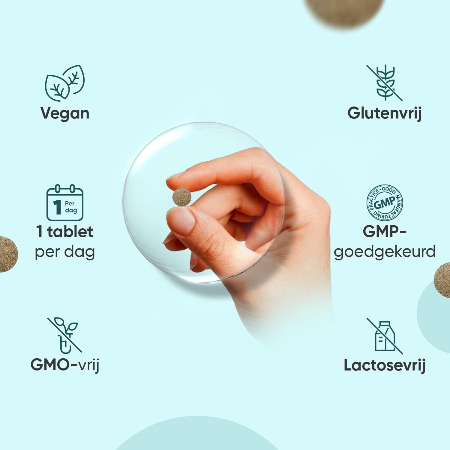 Fles Multivitaminen & Mineralen met iconen voor vegan, glutenvrij en GMP-goedgekeurd.