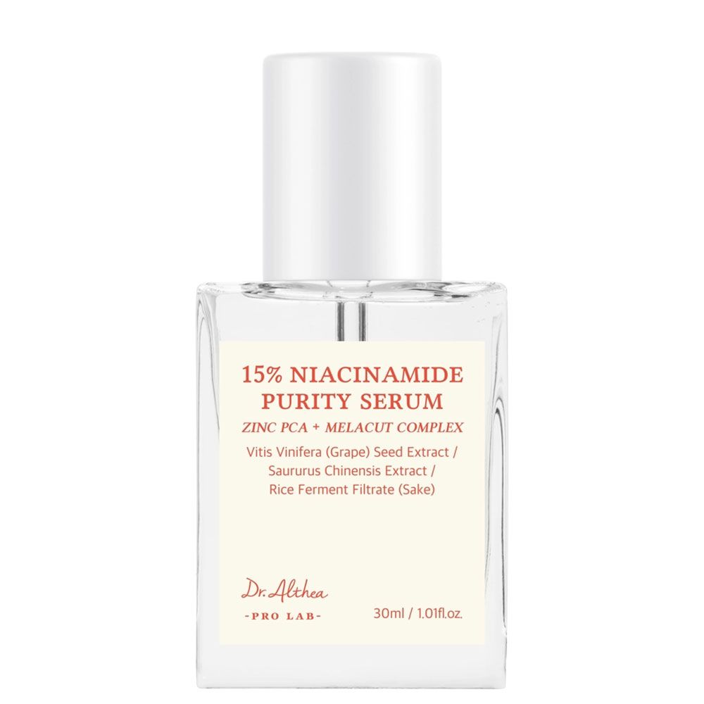 Sérum Dr. Althea 15% Niacinamide Purity dans un flacon en verre rectangulaire avec un distributeur à pompe blanc.
