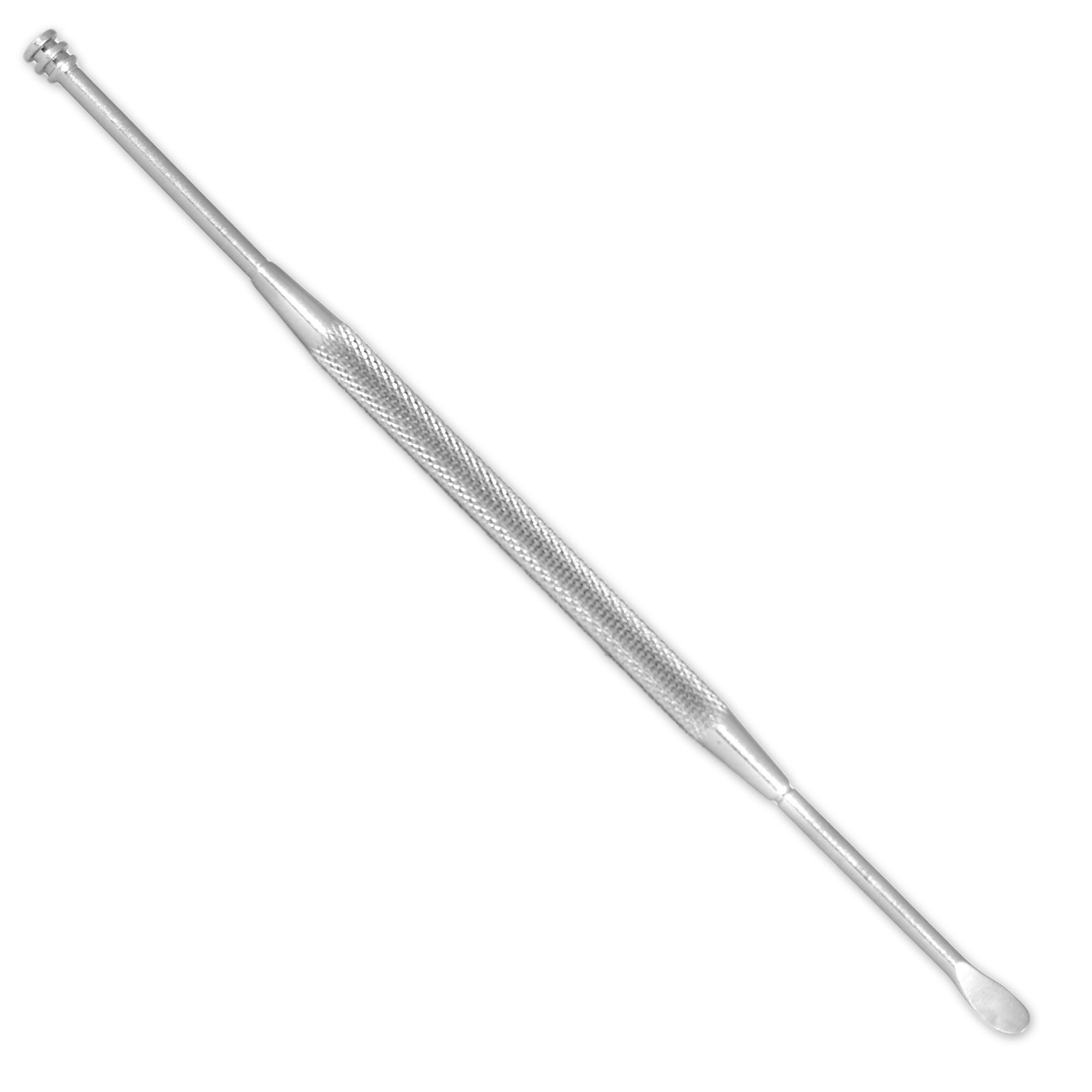 Outil d'extraction de cérumen en acier inoxydable avec manche moleté et deux extrémités.