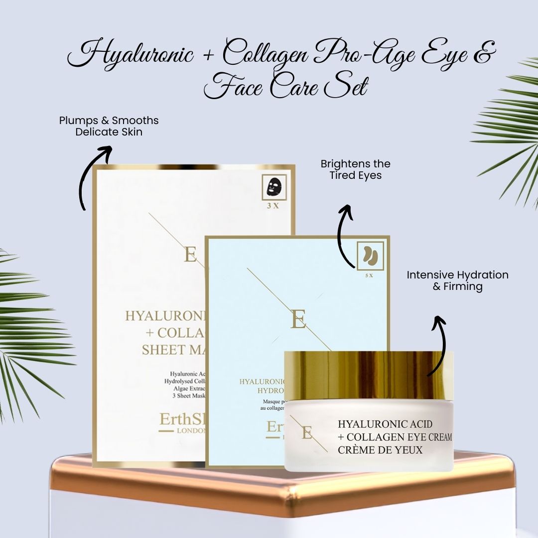 Ensemble crème pour les yeux et masques. Pot de crème à couvercle doré. Emballages de masques avec texte. Marque : ErthSkin London.