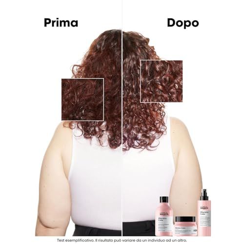 Vue des cheveux avant/après. Produits en bas: shampooing, masque, spray.