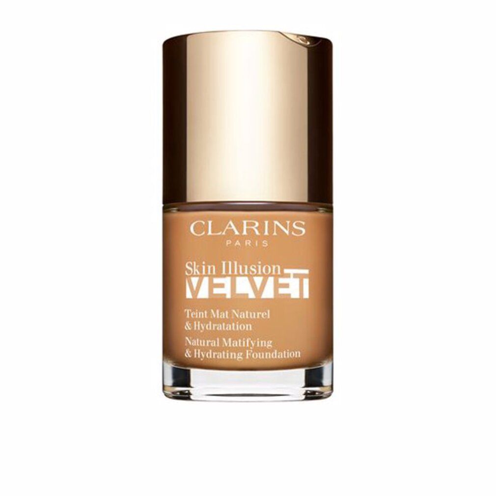 Clarins Skin Illusion Velvet foundation in glazen fles met gouden dop. Natuurlijke matterende & hydraterende foundation.
