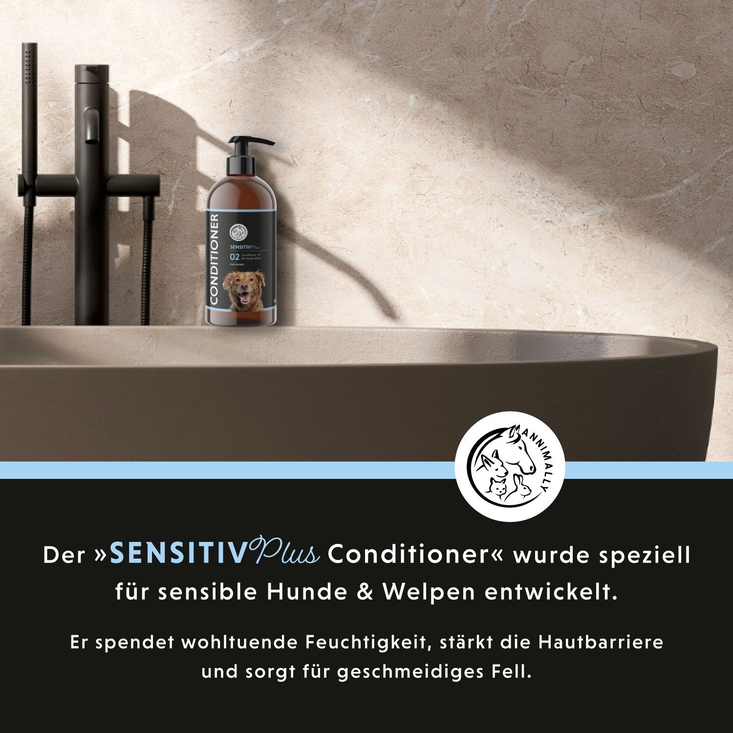 Flacon de produit dans une baignoire. Inscription : CONDITIONER, SENSTIV Plus. Texte : Pour chiens et chiots sensibles. Logo : Annimally.