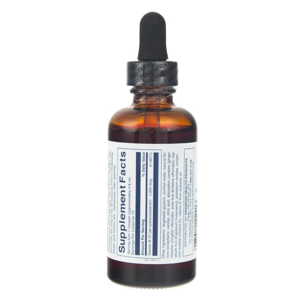 Arrière d'un flacon en verre brun avec compte-gouttes, montre les faits nutritionnels pour SWANSON B12 Cyanocobalamine Fraise Liquide.