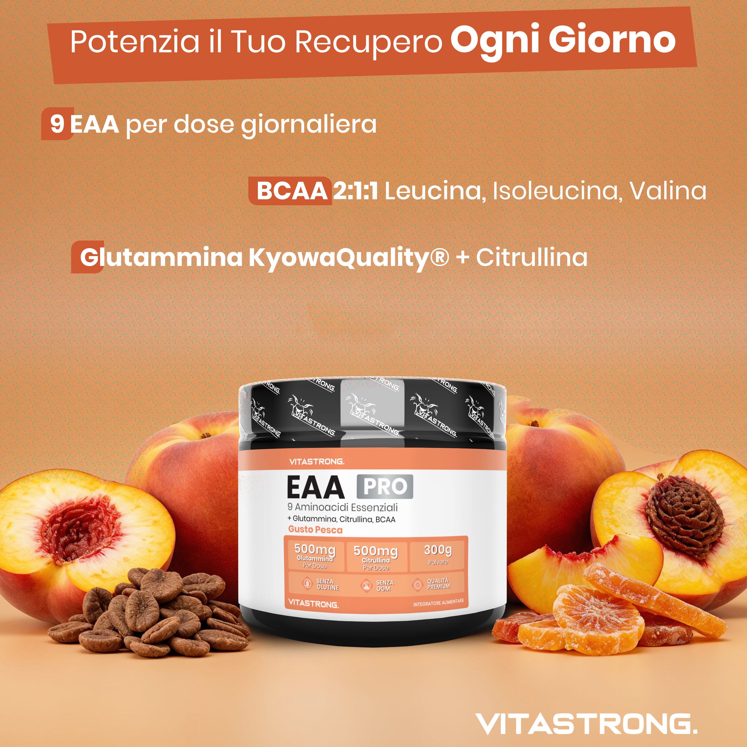 Vitastrong EAA Pro, pot. Pêches. 9 EAA par dose quotidienne. BCAA 2:1:1. Glutamine KyowaQuality + Citrulline. Pour la récupération quotidienne.