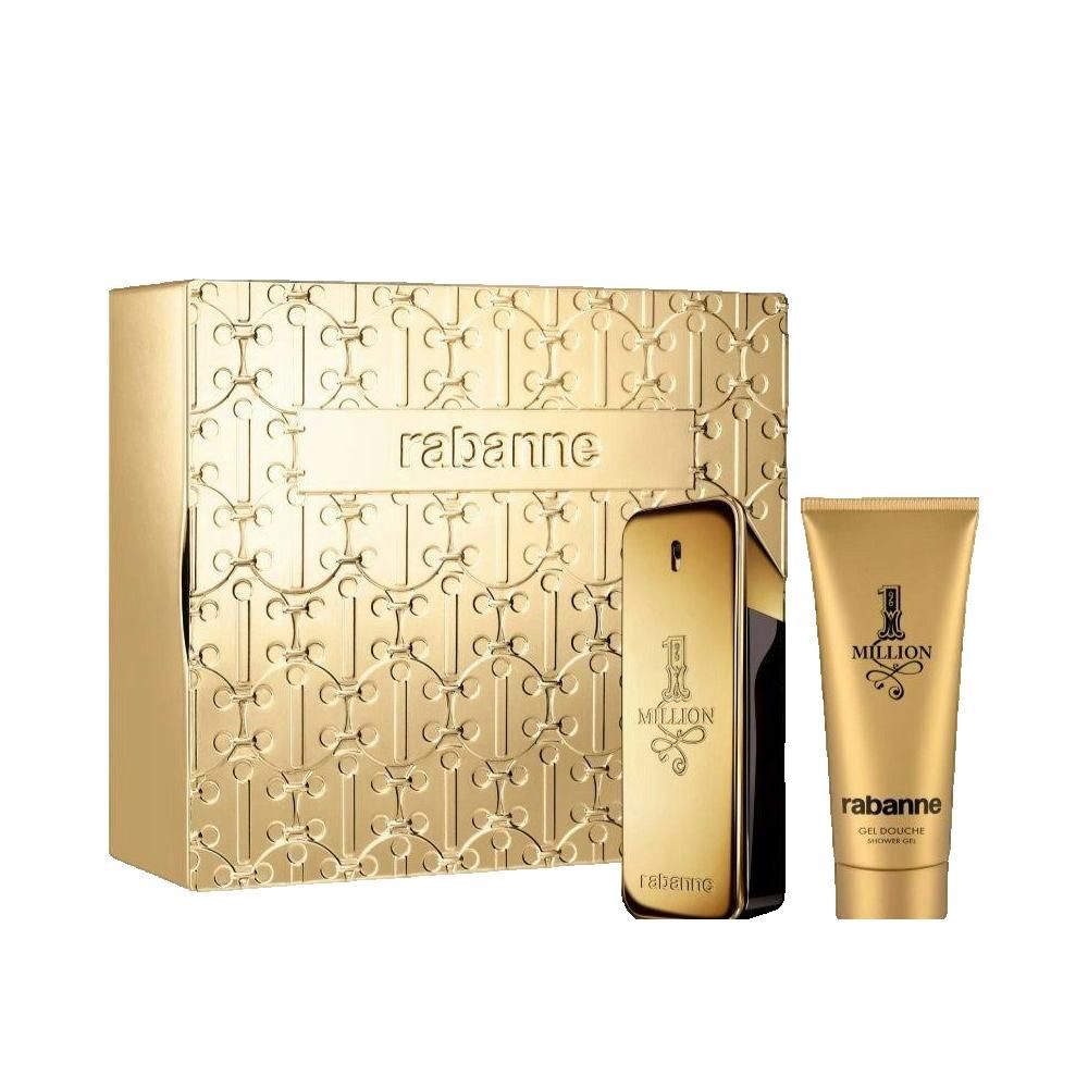 Gouden geschenkset van Paco Rabanne. Bevat eau de toilette, douchegel en een gouden doos met reliëf.
