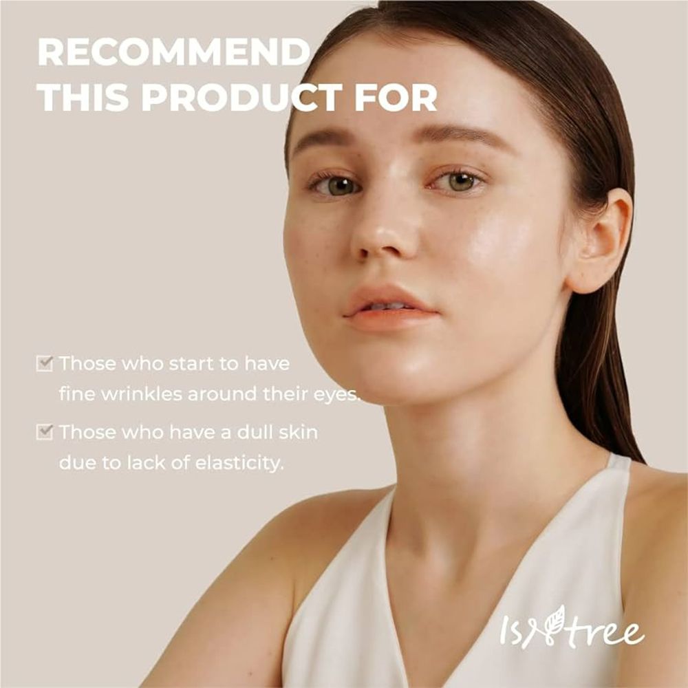 Vrouw met huid. Tekst: Aanbevolen voor fijne lijntjes en doffe huid. Merk Isntree.